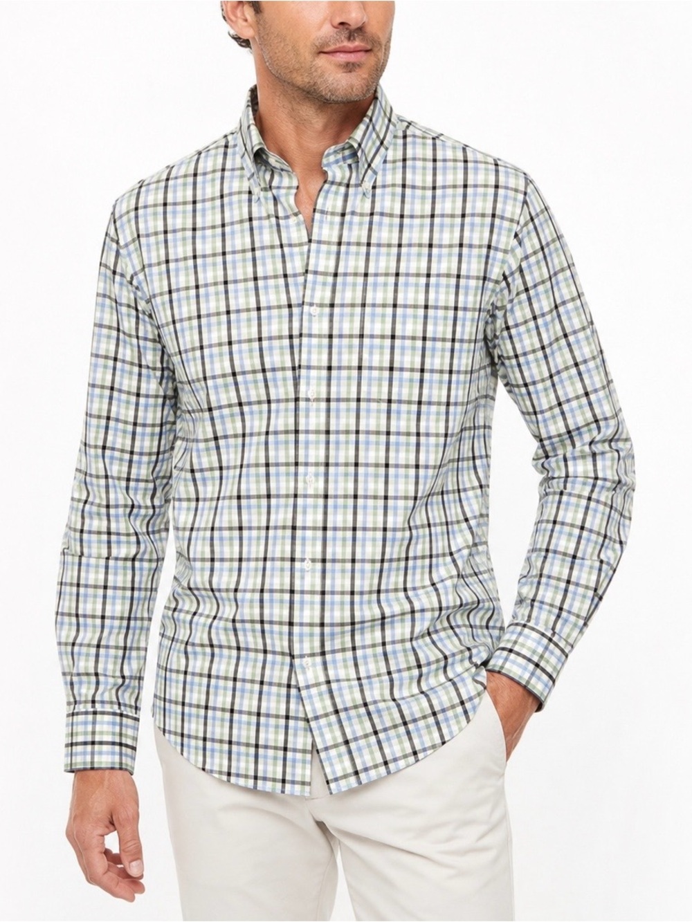 J. McLaughlin Superfine 100% 2 Ply Cotton Button Down Shirt Size M Mint Plaid